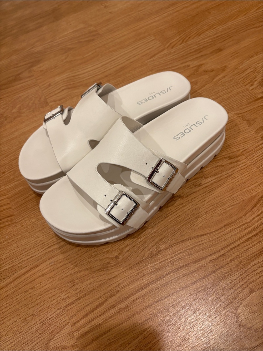 J/SLIDES Cream White Double-Buckle Platform Slide Mules